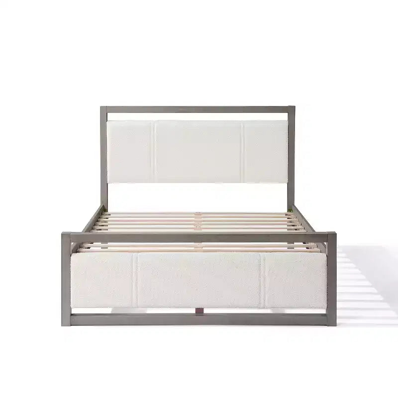 Cadre de lit plateforme grand lit/lit king avec tête de lit en tissu bouclé ivoire, gris