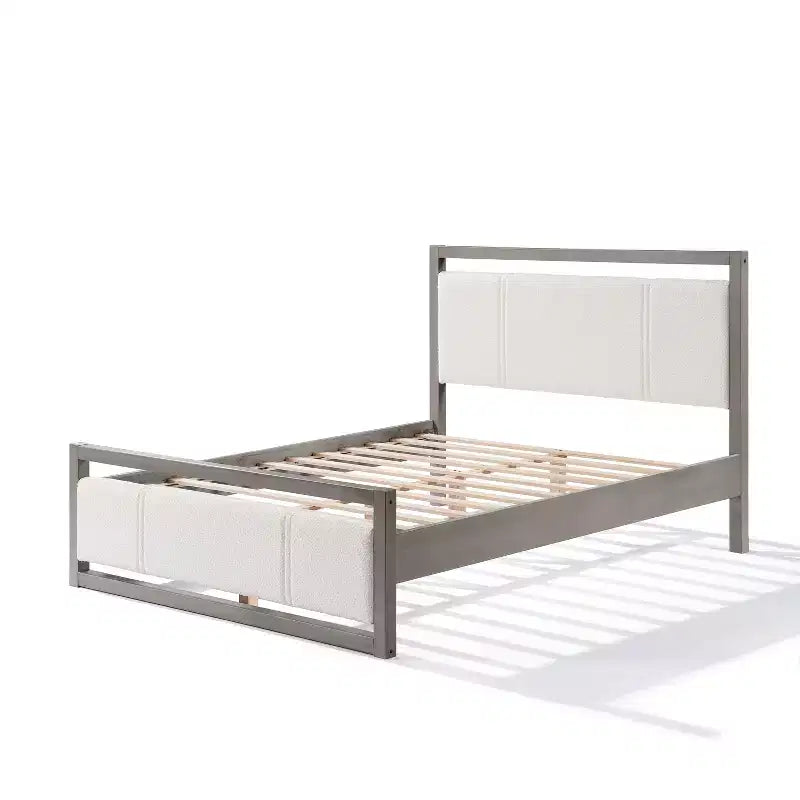 Estructura de cama con plataforma tamaño queen/king y cabecero de tela bouclé color marfil, gris