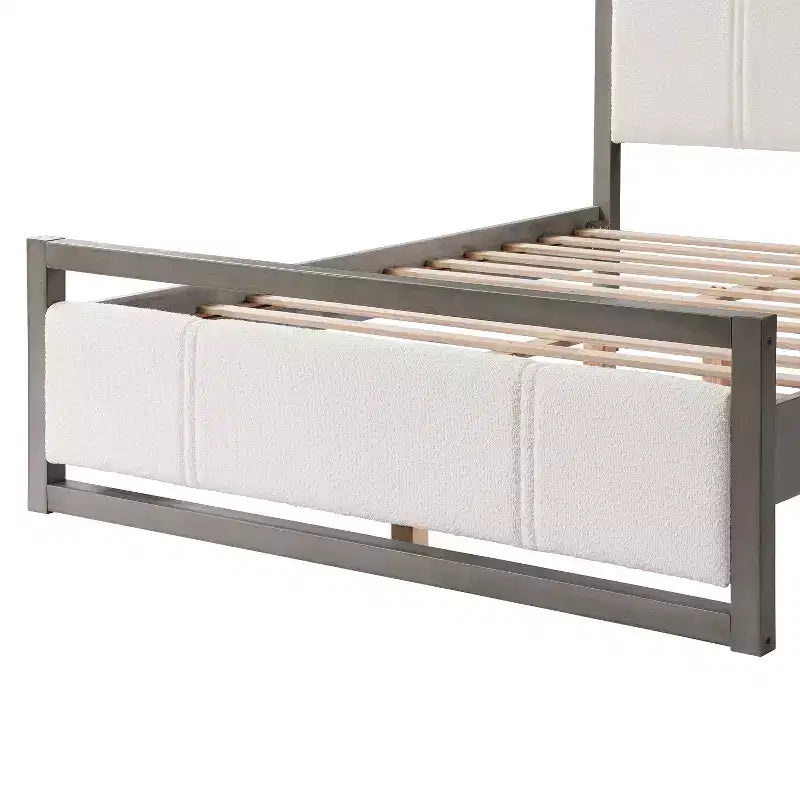 Cadre de lit plateforme grand lit/lit king avec tête de lit en tissu bouclé ivoire, gris