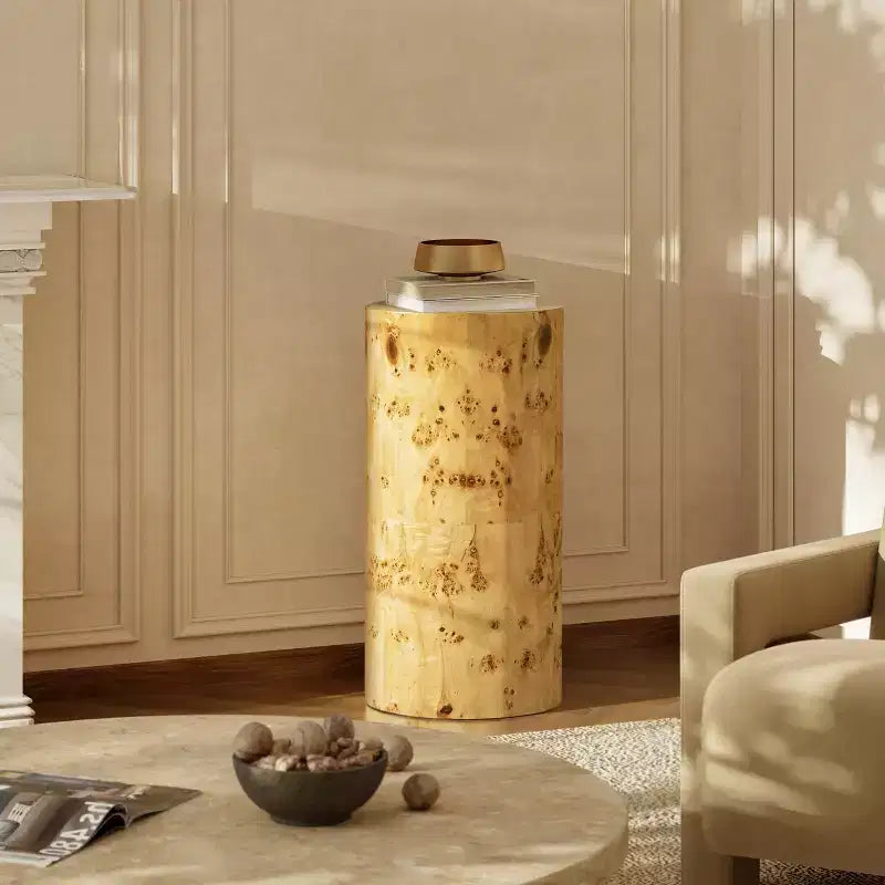 Mesa auxiliar cilíndrica de madera de raíz con detalles de 29.5, cálida madera de raíz marrón natural