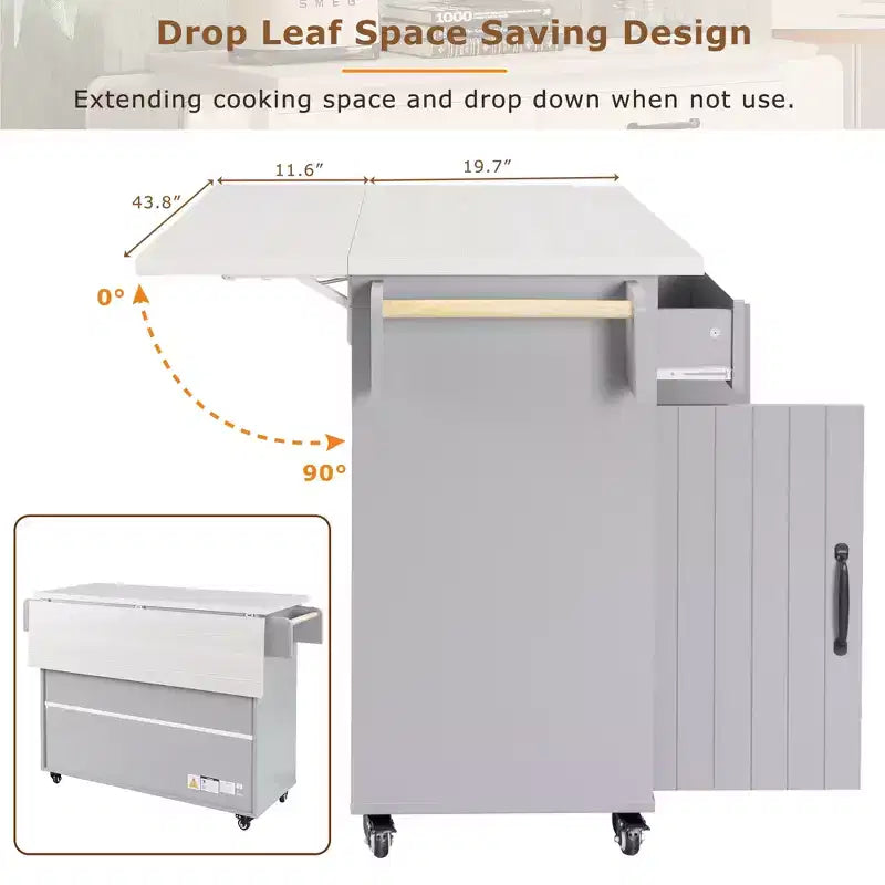 Isla de cocina con armario para guardar el cubo de basura y estante ajustable, carrito de cocina con ruedas y ala abatible, toallero y cajón