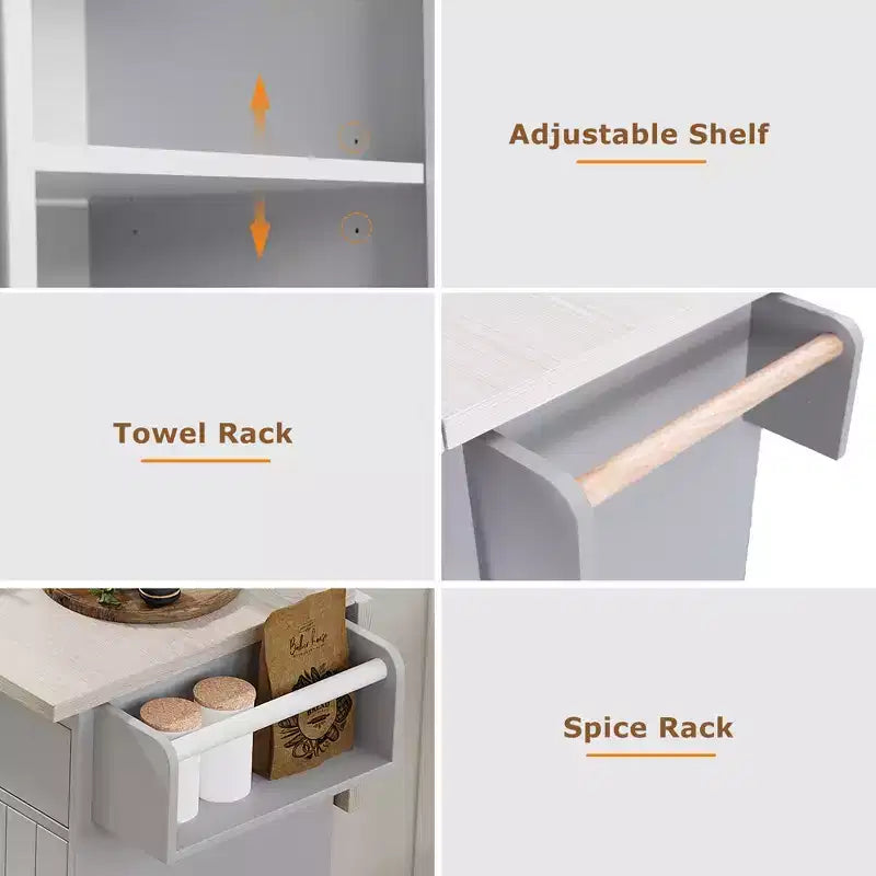 Isla de cocina con armario para guardar el cubo de basura y estante ajustable, carrito de cocina con ruedas y ala abatible, toallero y cajón