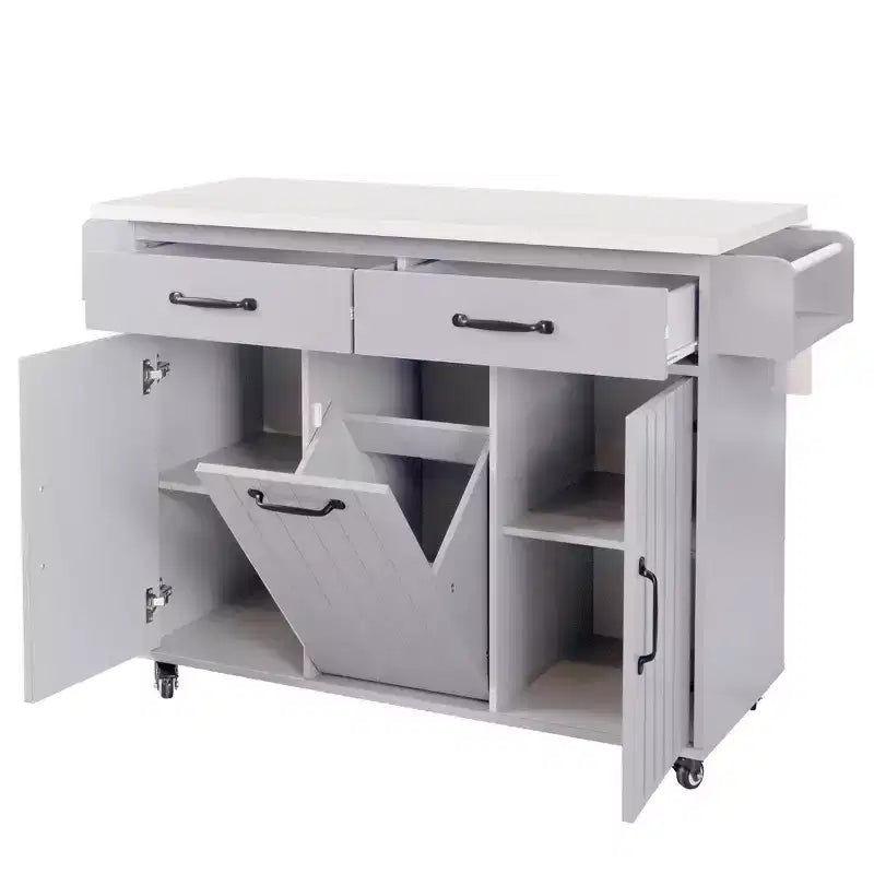 Isla de cocina con armario para guardar el cubo de basura y estante ajustable, carrito de cocina con ruedas y ala abatible, toallero y cajón