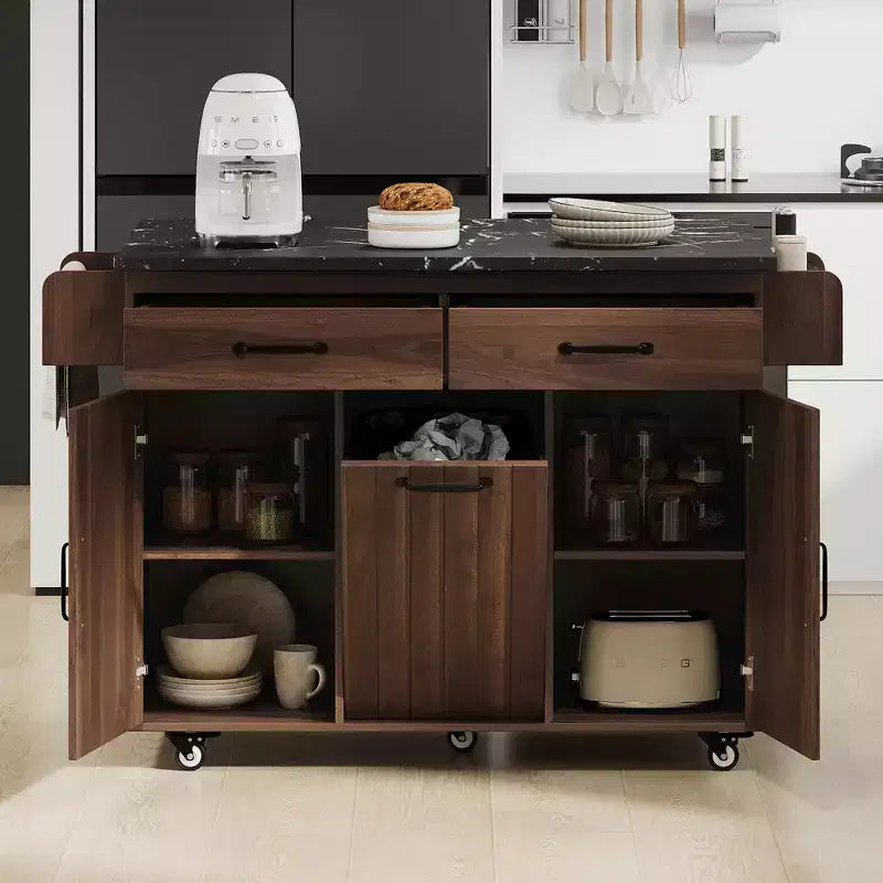Isla de cocina con armario para guardar el cubo de basura y estante ajustable, carrito de cocina con ruedas y ala abatible, toallero y cajón