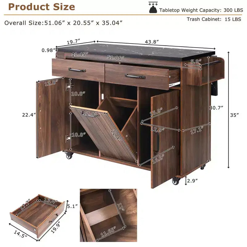 Isla de cocina con armario para guardar el cubo de basura y estante ajustable, carrito de cocina con ruedas y ala abatible, toallero y cajón