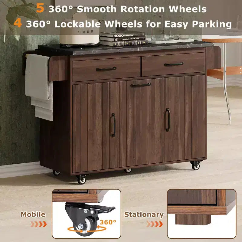 Isla de cocina con armario para guardar el cubo de basura y estante ajustable, carrito de cocina con ruedas y ala abatible, toallero y cajón