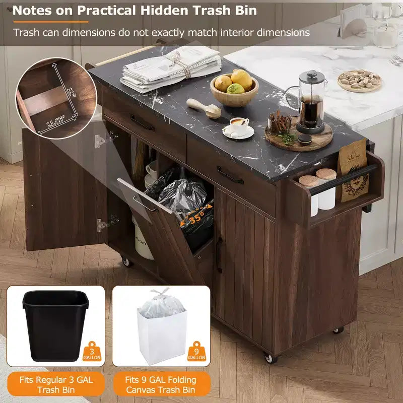 Isla de cocina con armario para guardar el cubo de basura y estante ajustable, carrito de cocina con ruedas y ala abatible, toallero y cajón