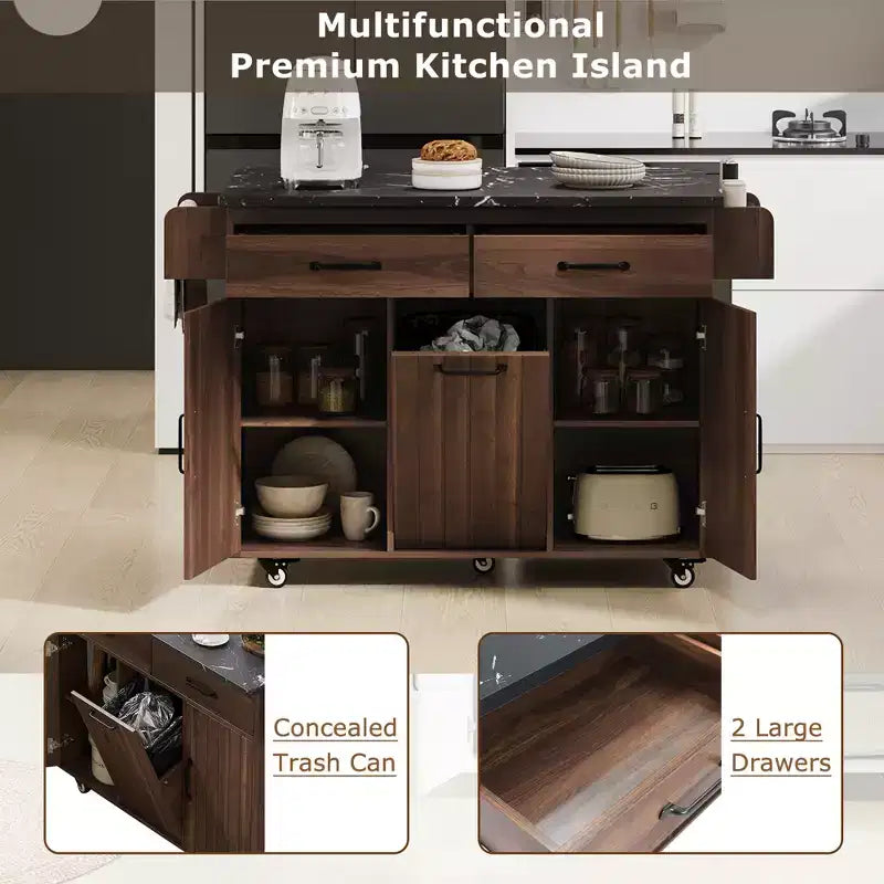 Isla de cocina con armario para guardar el cubo de basura y estante ajustable, carrito de cocina con ruedas y ala abatible, toallero y cajón