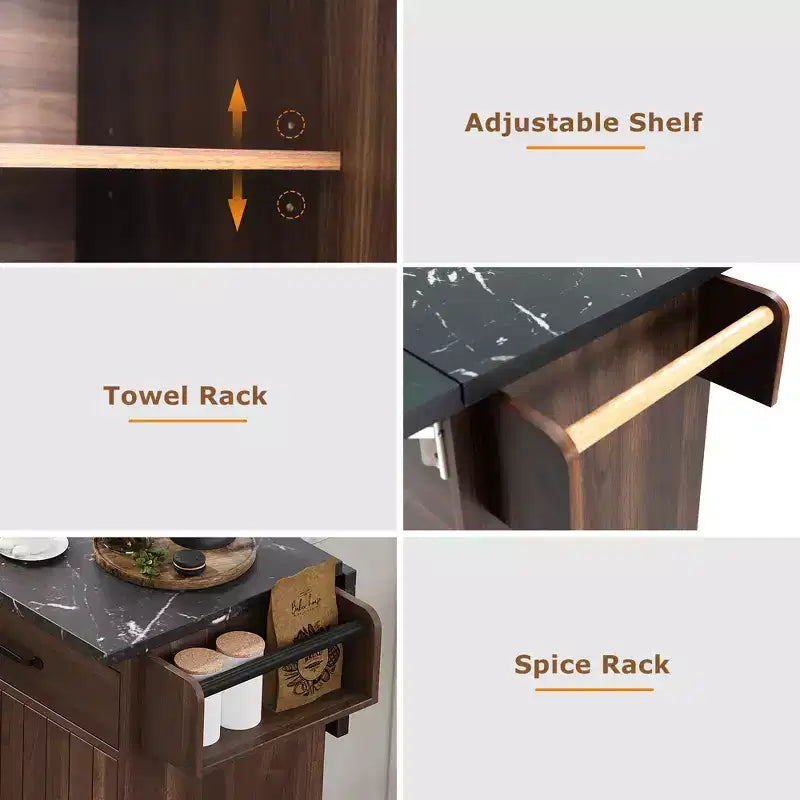 Isla de cocina con armario para guardar el cubo de basura y estante ajustable, carrito de cocina con ruedas y ala abatible, toallero y cajón