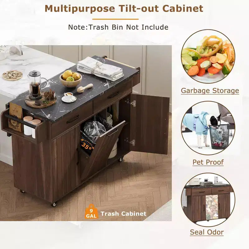 Isla de cocina con armario para guardar el cubo de basura y estante ajustable, carrito de cocina con ruedas y ala abatible, toallero y cajón