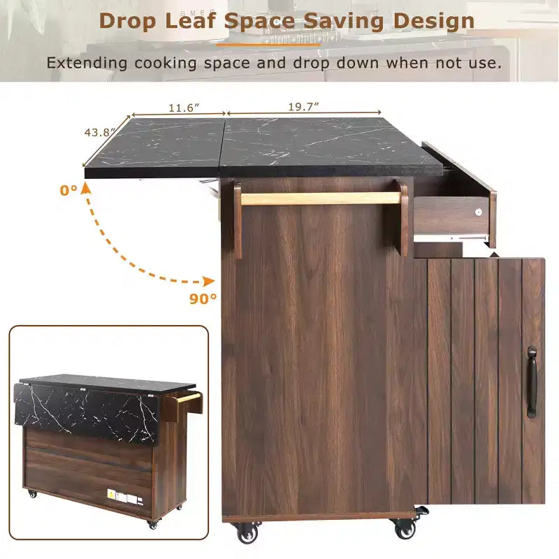 Isla de cocina con armario para guardar el cubo de basura y estante ajustable, carrito de cocina con ruedas y ala abatible, toallero y cajón
