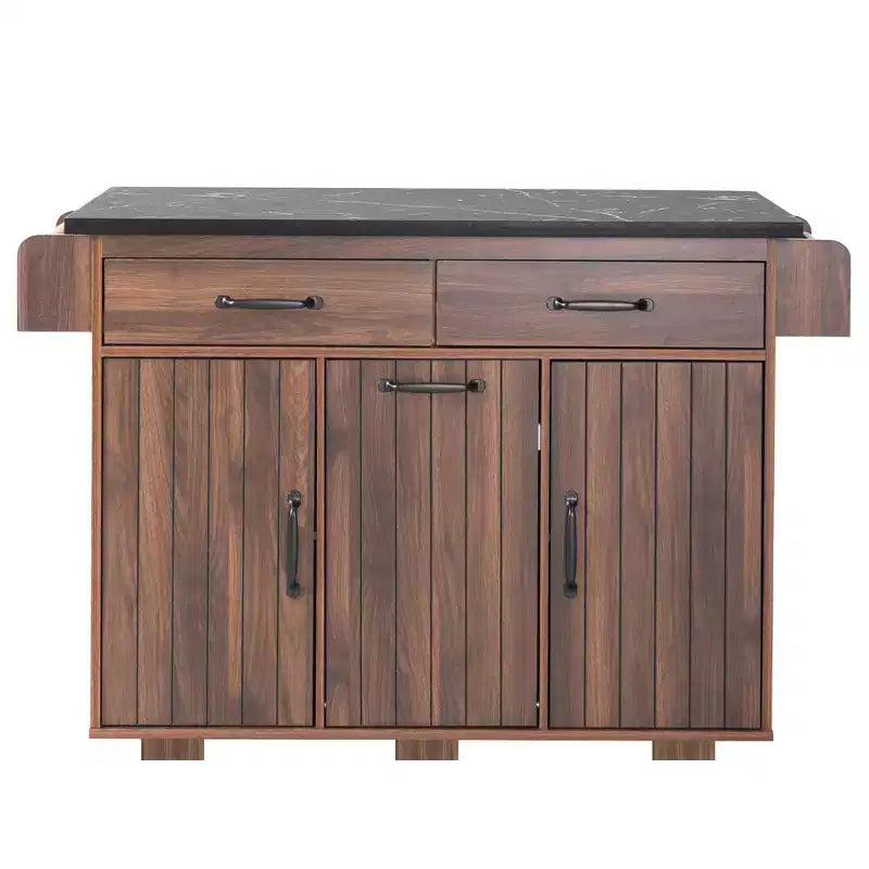 Isla de cocina con armario para guardar el cubo de basura y estante ajustable, carrito de cocina con ruedas y ala abatible, toallero y cajón