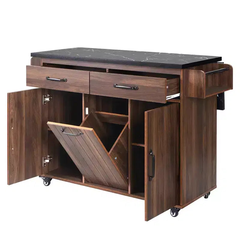 Isla de cocina con armario para guardar el cubo de basura y estante ajustable, carrito de cocina con ruedas y ala abatible, toallero y cajón
