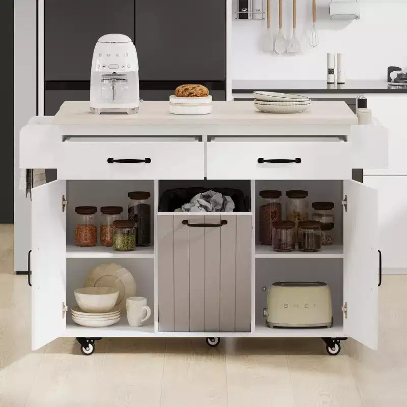 Isla de cocina con armario para guardar el cubo de basura y estante ajustable, carrito de cocina con ruedas y ala abatible, toallero y cajón