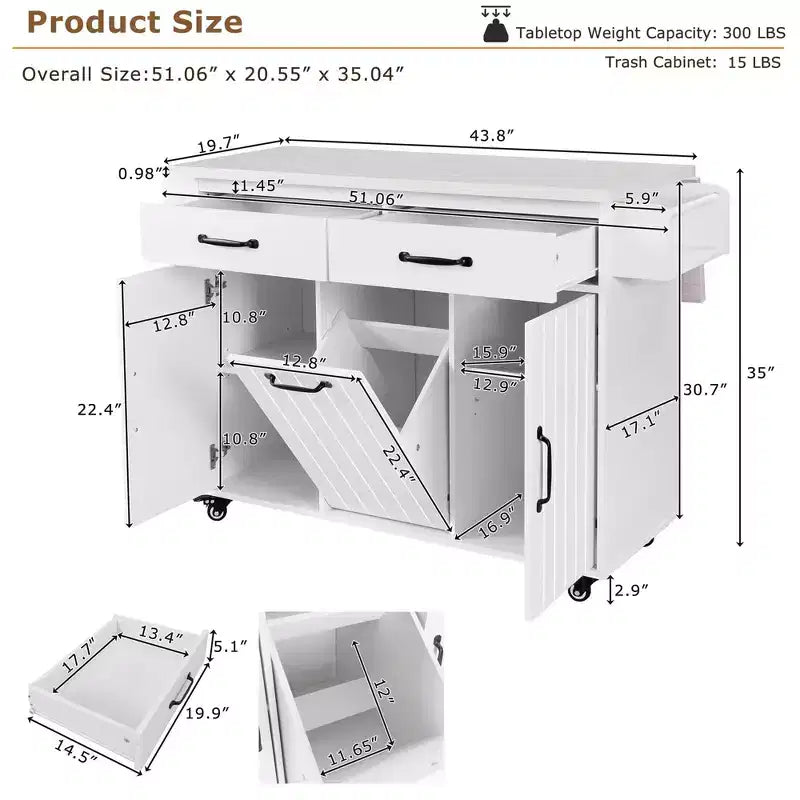 Isla de cocina con armario para guardar el cubo de basura y estante ajustable, carrito de cocina con ruedas y ala abatible, toallero y cajón