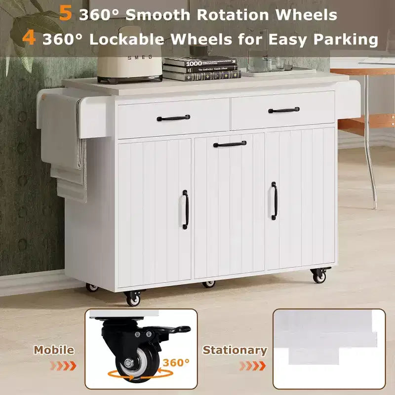 Isla de cocina con armario para guardar el cubo de basura y estante ajustable, carrito de cocina con ruedas y ala abatible, toallero y cajón