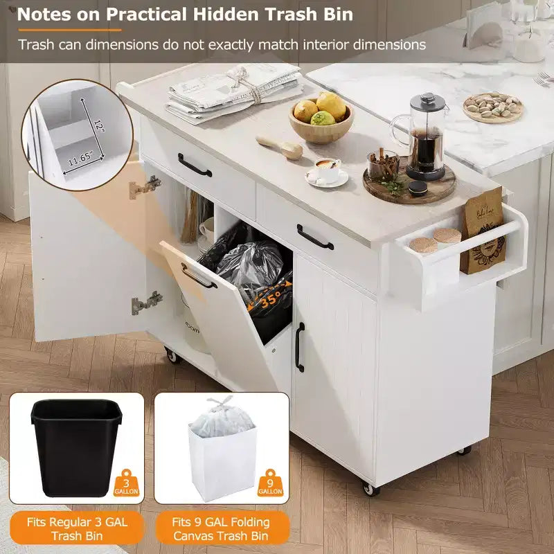 Isla de cocina con armario para guardar el cubo de basura y estante ajustable, carrito de cocina con ruedas y ala abatible, toallero y cajón