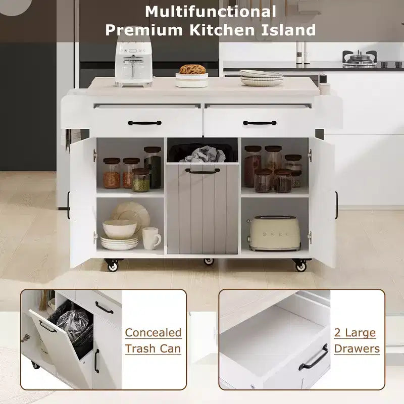 Isla de cocina con armario para guardar el cubo de basura y estante ajustable, carrito de cocina con ruedas y ala abatible, toallero y cajón