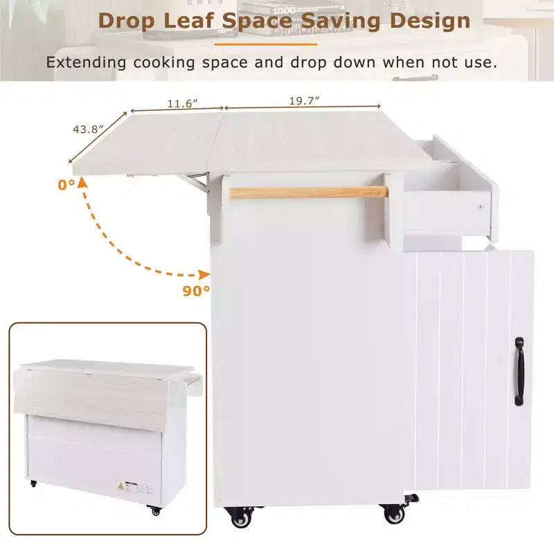 Isla de cocina con armario para guardar el cubo de basura y estante ajustable, carrito de cocina con ruedas y ala abatible, toallero y cajón