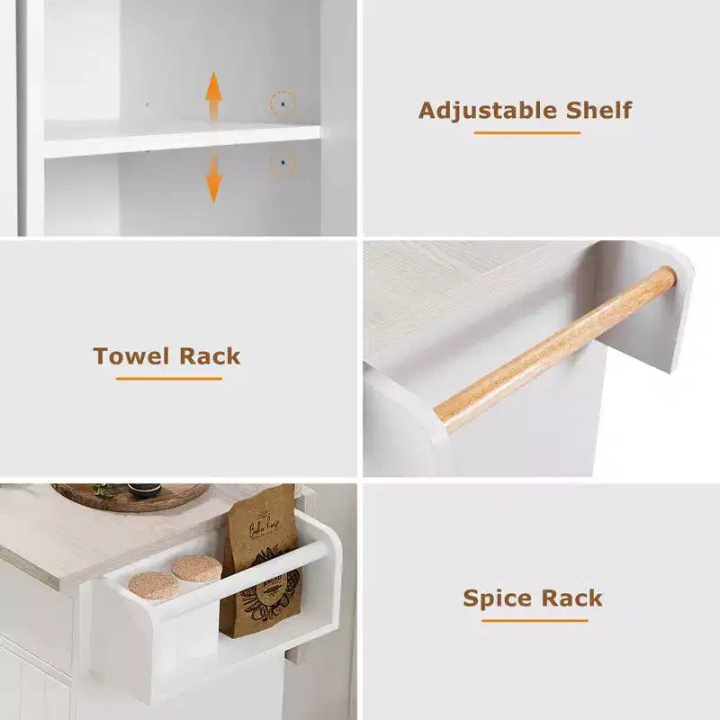 Isla de cocina con armario para guardar el cubo de basura y estante ajustable, carrito de cocina con ruedas y ala abatible, toallero y cajón