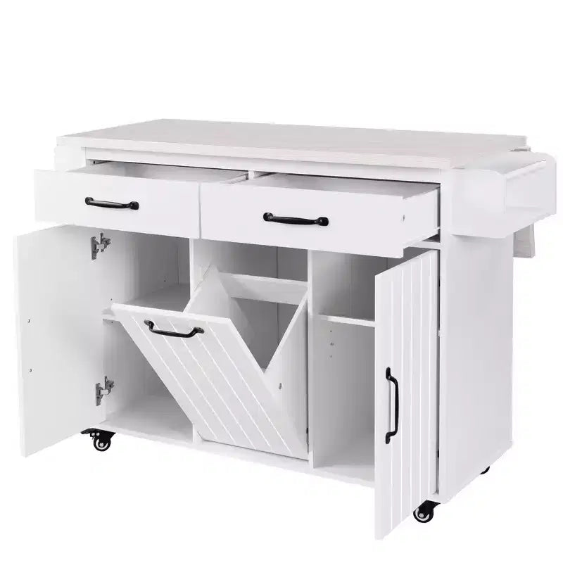 Isla de cocina con armario para guardar el cubo de basura y estante ajustable, carrito de cocina con ruedas y ala abatible, toallero y cajón