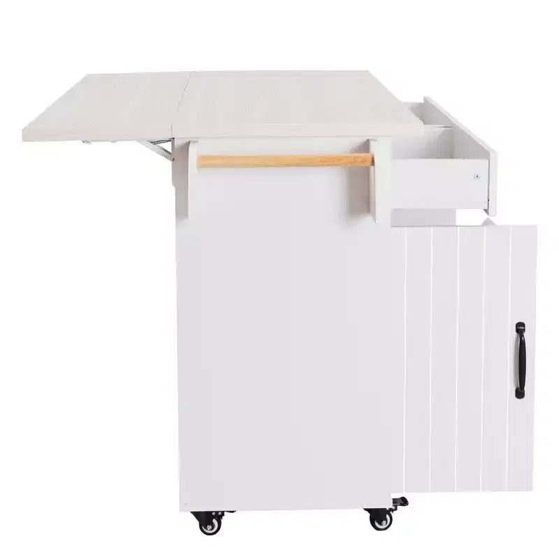 Isla de cocina con armario para guardar el cubo de basura y estante ajustable, carrito de cocina con ruedas y ala abatible, toallero y cajón