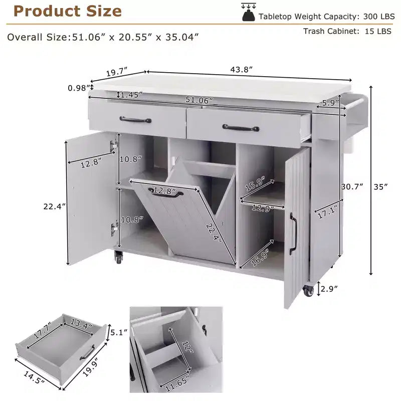 Isla de cocina con armario para guardar el cubo de basura y estante ajustable, carrito de cocina con ruedas y ala abatible, toallero y cajón