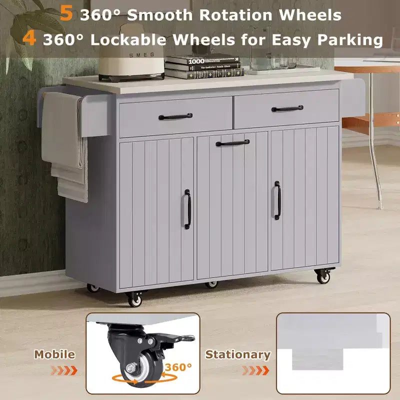 Isla de cocina con armario para guardar el cubo de basura y estante ajustable, carrito de cocina con ruedas y ala abatible, toallero y cajón