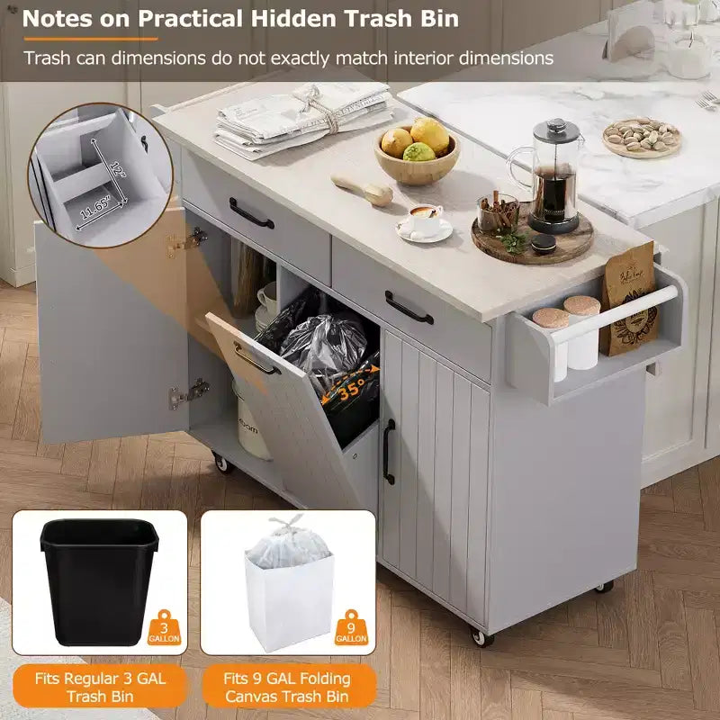 Isla de cocina con armario para guardar el cubo de basura y estante ajustable, carrito de cocina con ruedas y ala abatible, toallero y cajón