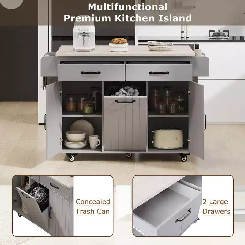 Isla de cocina con armario para guardar el cubo de basura y estante ajustable, carrito de cocina con ruedas y ala abatible, toallero y cajón