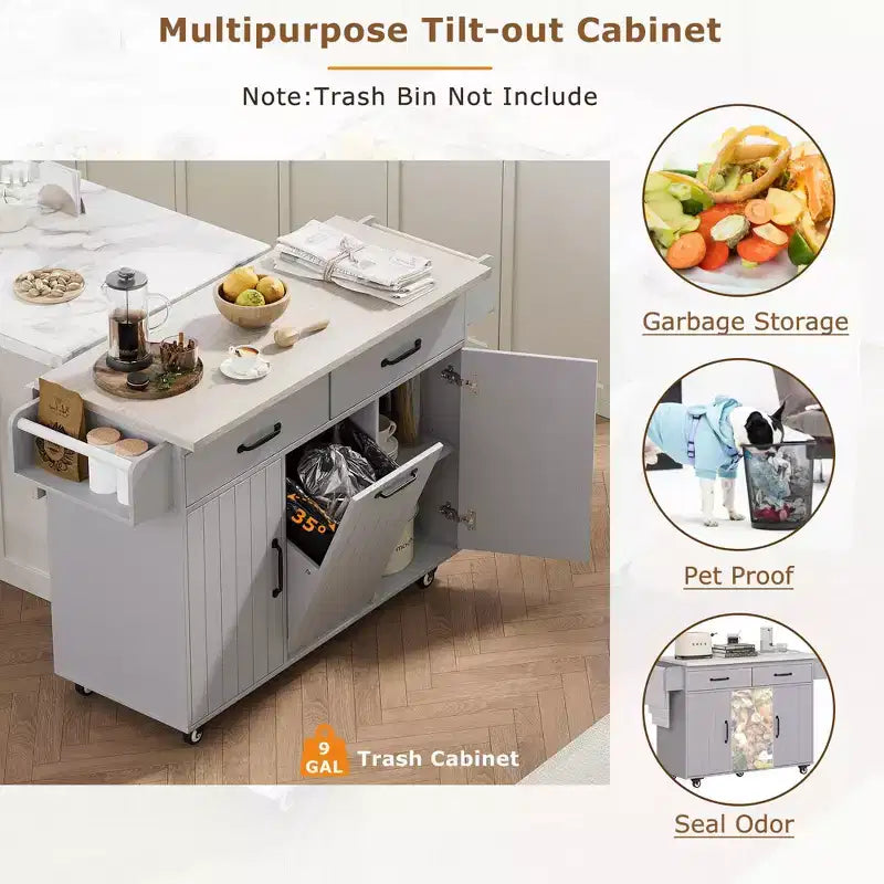 Isla de cocina con armario para guardar el cubo de basura y estante ajustable, carrito de cocina con ruedas y ala abatible, toallero y cajón