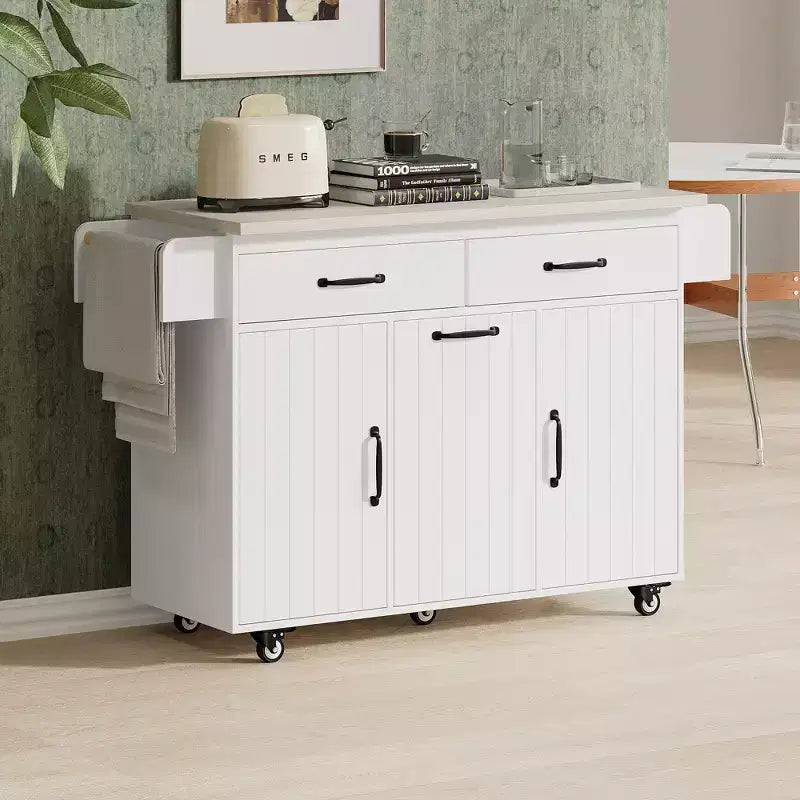 Isla de cocina con armario para guardar el cubo de basura y estante ajustable, carrito de cocina con ruedas y ala abatible, toallero y cajón