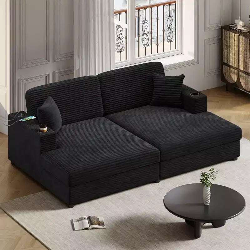 Canapé-lit d’angle avec méridienne surdimensionnée de 86, ports USB, porte-gobelets et coussins décoratifs