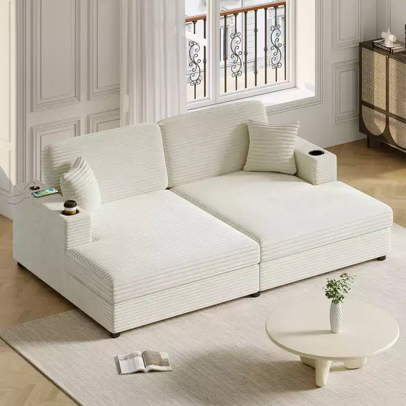 Canapé-lit d’angle avec méridienne surdimensionnée de 86, ports USB, porte-gobelets et coussins décoratifs