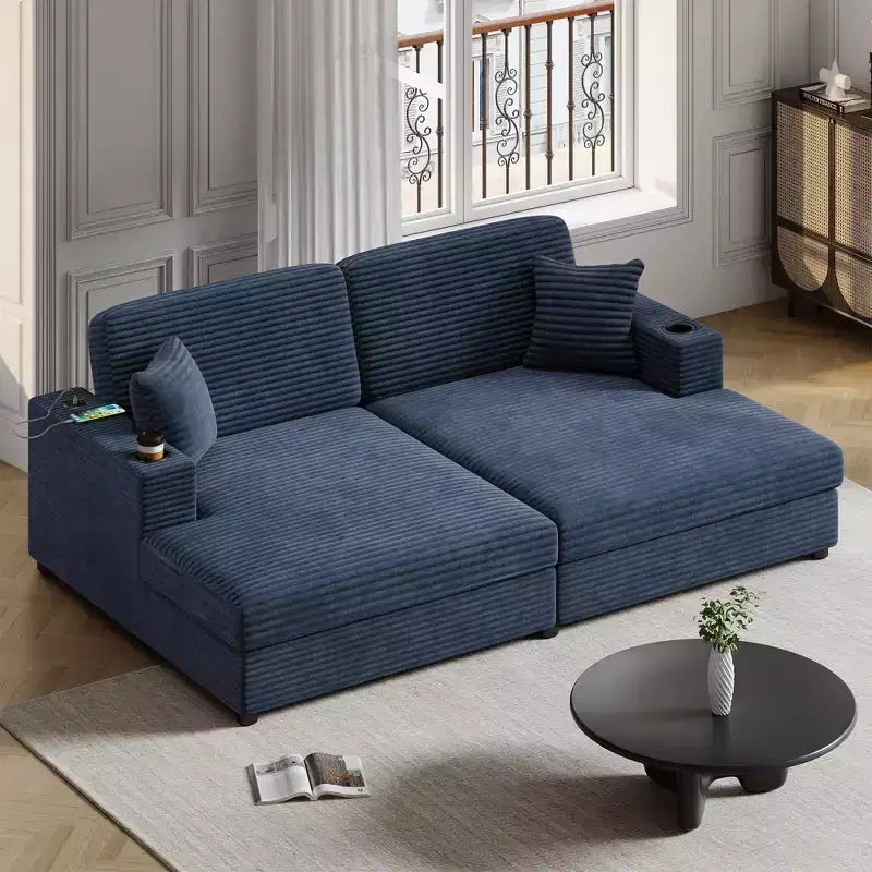 Canapé-lit d’angle avec méridienne surdimensionnée de 86, ports USB, porte-gobelets et coussins décoratifs