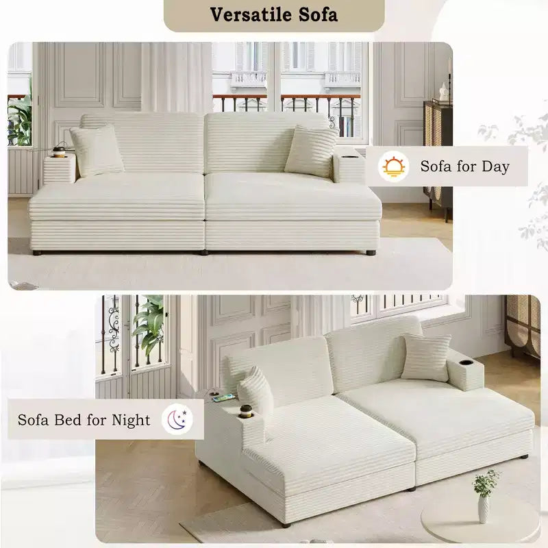 Sofá cama seccional chaise longue extragrande de 86 con puertos USB, portavasos y cojines decorativos