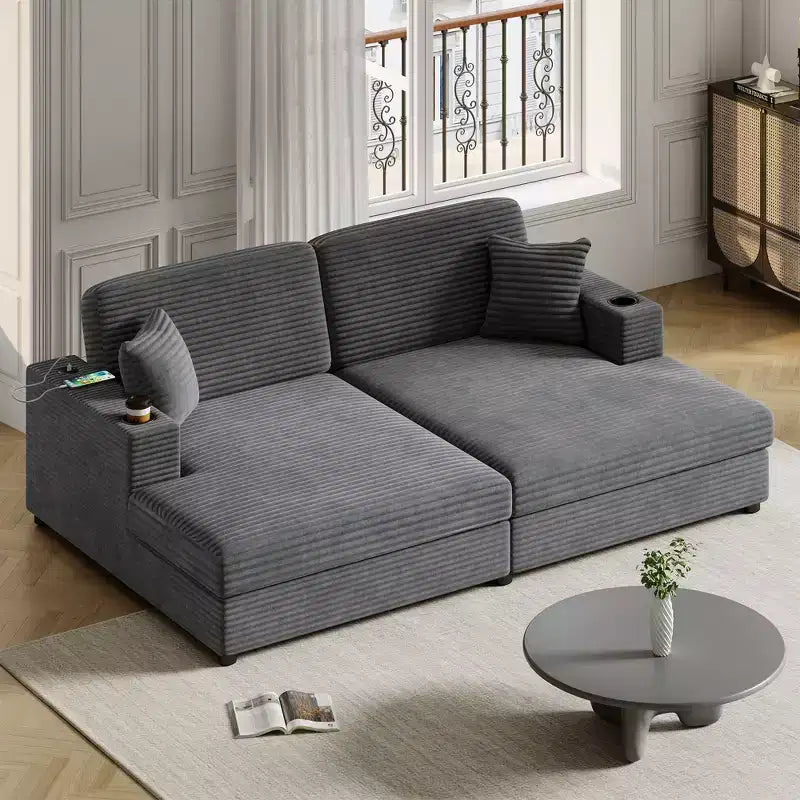 Canapé-lit d’angle avec méridienne surdimensionnée de 86, ports USB, porte-gobelets et coussins décoratifs