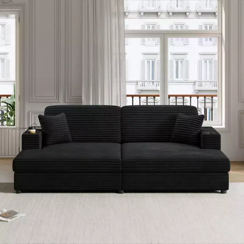 Sofá cama seccional chaise longue extragrande de 86 con puertos USB, portavasos y cojines decorativos