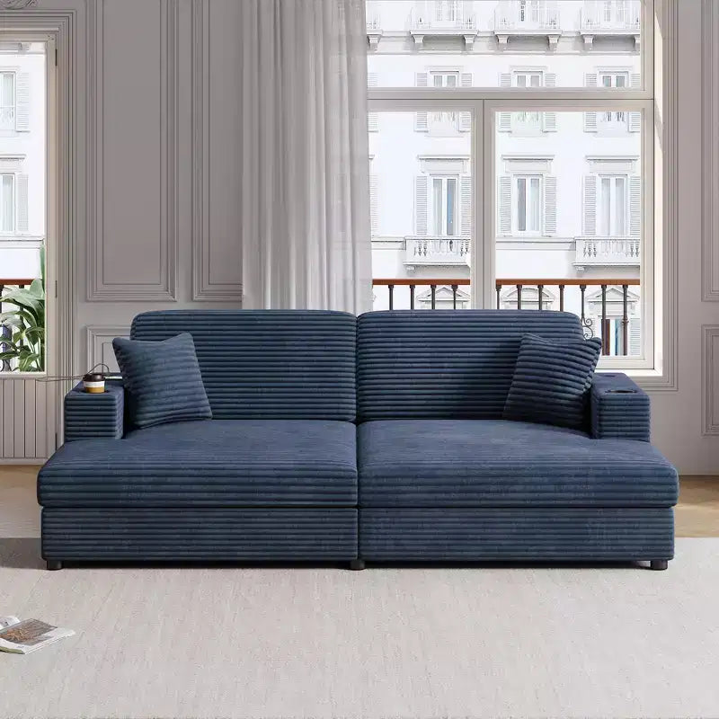 Sofá cama seccional chaise longue extragrande de 86 con puertos USB, portavasos y cojines decorativos