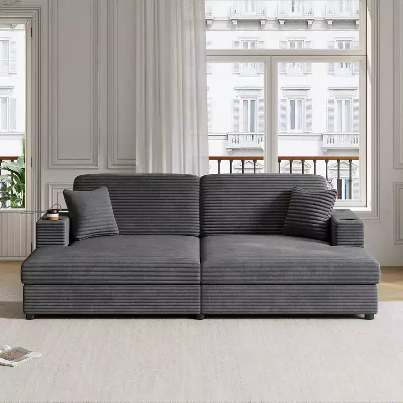 Sofá cama seccional chaise longue extragrande de 86 con puertos USB, portavasos y cojines decorativos