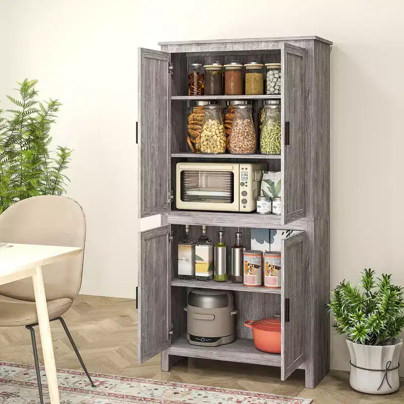 Garde-manger de cuisine à 4 portes, armoire de rangement autoportante avec 3 étagères réglables pour cuisine, salle à manger ou salon, chêne gris