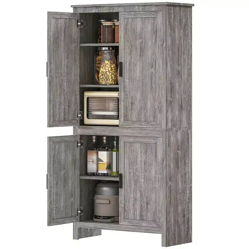 Garde-manger de cuisine à 4 portes, armoire de rangement autoportante avec 3 étagères réglables pour cuisine, salle à manger ou salon, chêne gris
