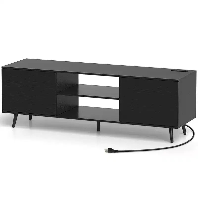 Mueble para TV de 60 pulgadas, consola multimedia de estilo moderno de mediados de siglo con estante ajustable, marrón/negro