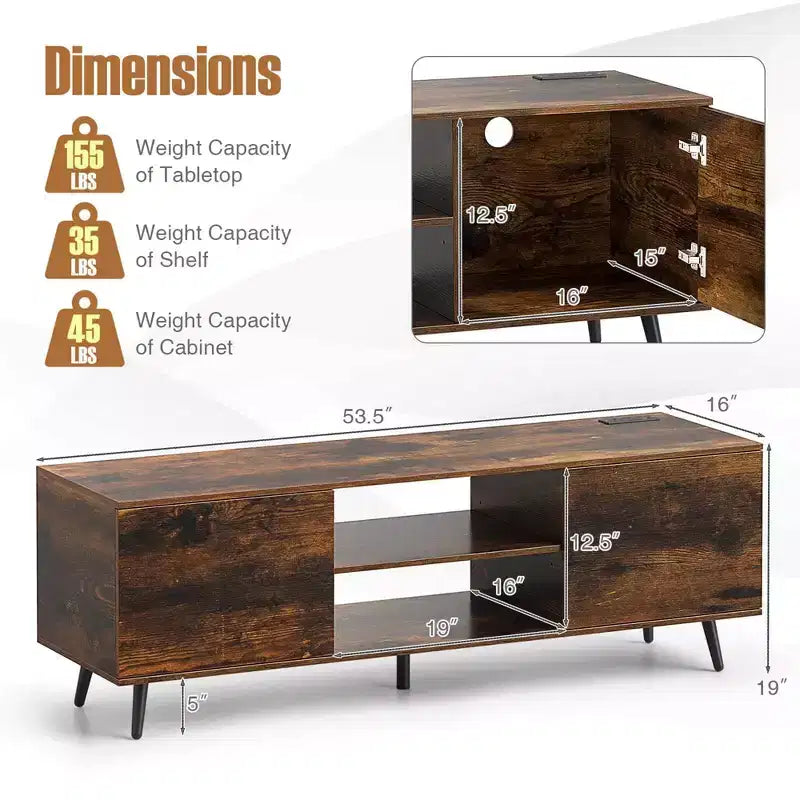 Mueble para TV de 60 pulgadas, consola multimedia de estilo moderno de mediados de siglo con estante ajustable, marrón/negro