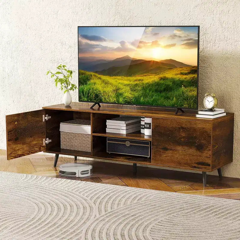 Mueble para TV de 60 pulgadas, consola multimedia de estilo moderno de mediados de siglo con estante ajustable, marrón/negro