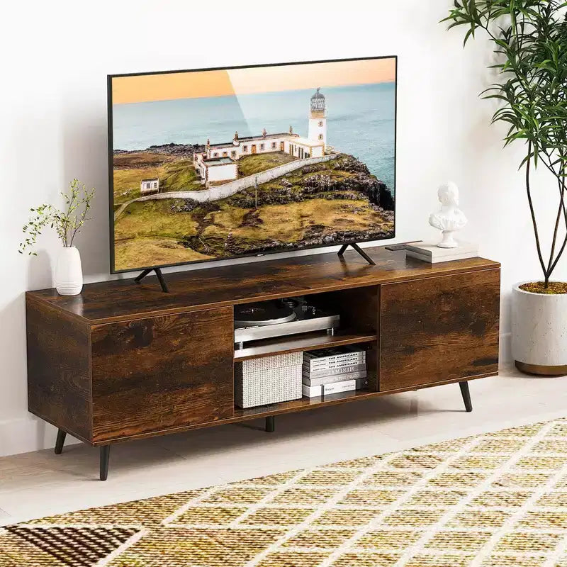 Mueble para TV de 60 pulgadas, consola multimedia de estilo moderno de mediados de siglo con estante ajustable, marrón/negro