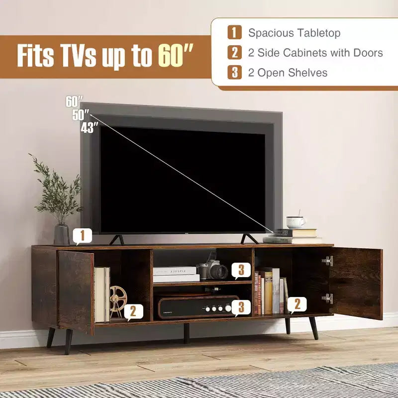 Mueble para TV de 60 pulgadas, consola multimedia de estilo moderno de mediados de siglo con estante ajustable, marrón/negro