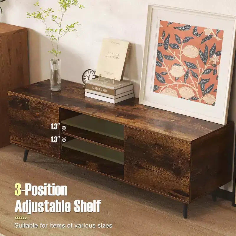 Mueble para TV de 60 pulgadas, consola multimedia de estilo moderno de mediados de siglo con estante ajustable, marrón/negro