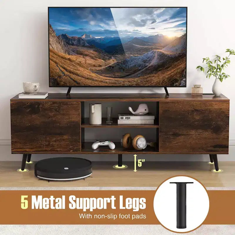 Mueble para TV de 60 pulgadas, consola multimedia de estilo moderno de mediados de siglo con estante ajustable, marrón/negro