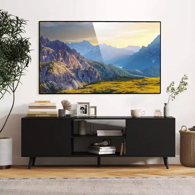 Mueble para TV de 60 pulgadas, consola multimedia de estilo moderno de mediados de siglo con estante ajustable, marrón/negro